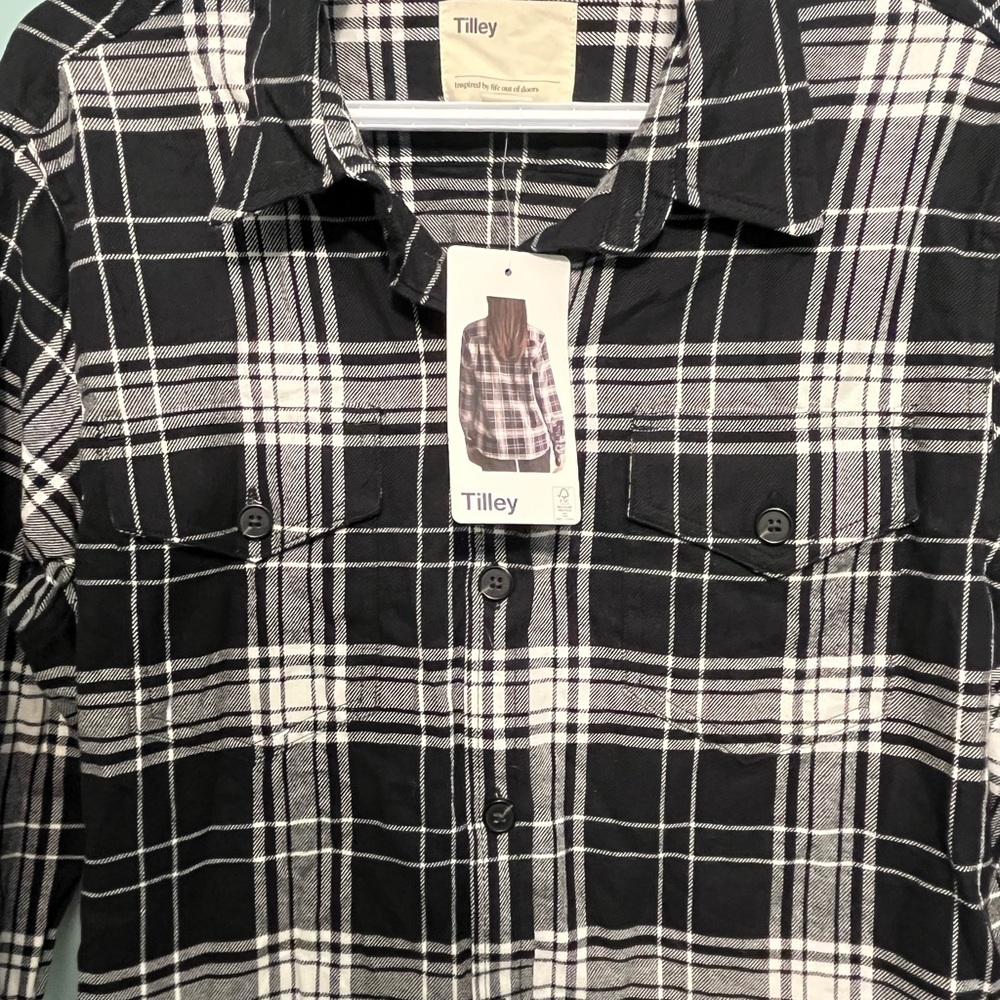 Tilley Black and White Plaid Button Up Jacket/Shirt Flannel NEW with tags Size L - Picture 2 of 7
